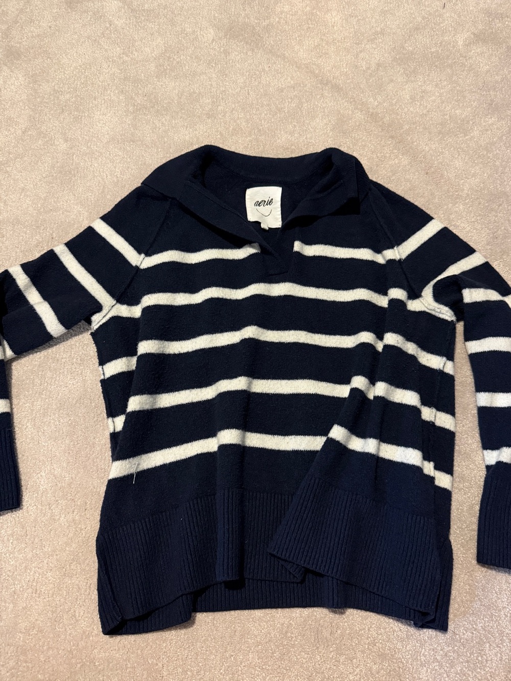 aerie Navy and White Striped V-Neck Sweater